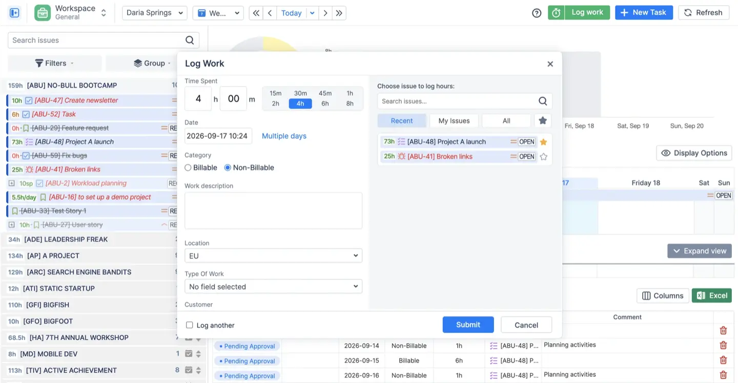 The Log Work dialog on the Recent tab with one favorite starred, billable and non-billable categories are visible.