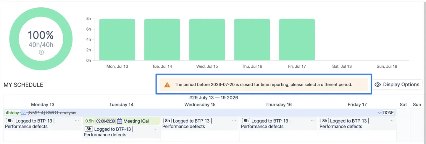The Workspace view selected for dates locked for time reporting.