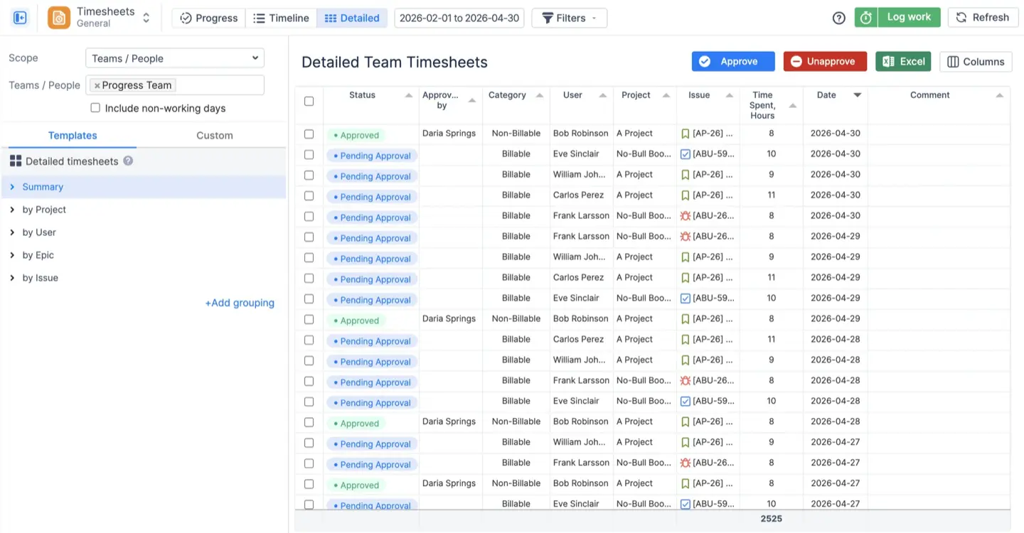 The Detailed timesheet columns selector open, with the Excel export button visible.