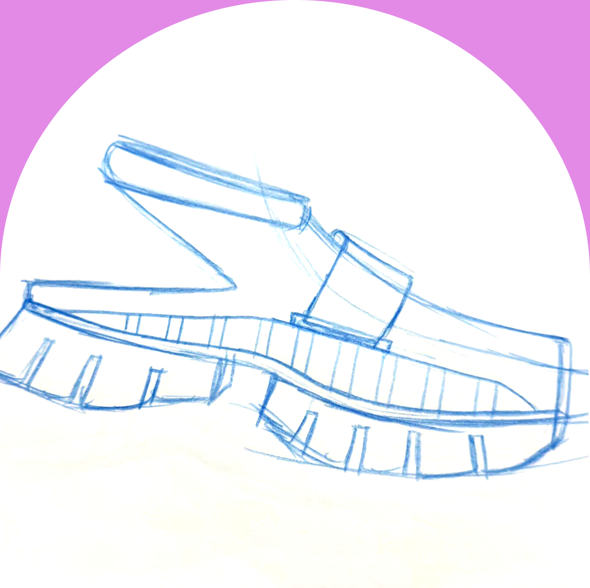 A blue pencil concept sketch of the FRTHR shoe — a slingback mule with an adjustable strap and a thick treaded platform sole.