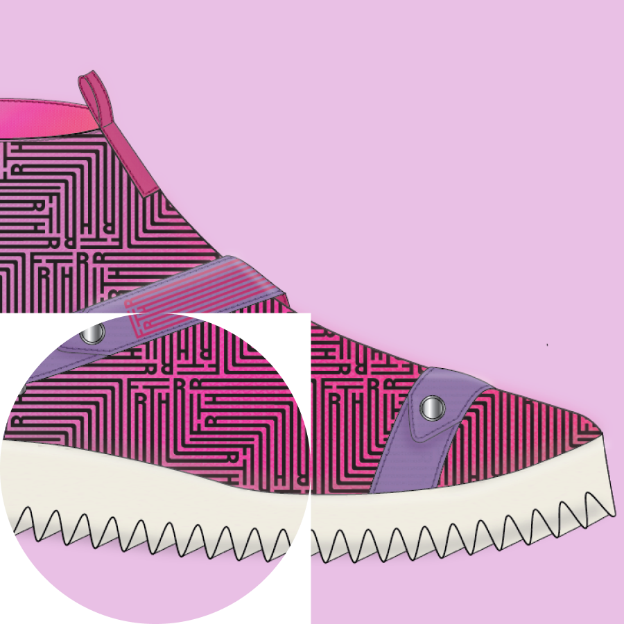A rendering of the FRTHR shoe: a slip-on with a magenta and black maze-pattern upper, a lilac strap fastened by a metal snap, and a cream sawtooth platform sole, shown with a close-up of the pattern.