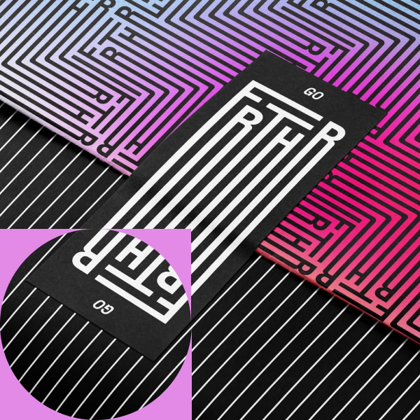 FRTHR printed brand collateral — a black card carrying the white maze logotype and the word “GO”, laid over a pink and blue gradient maze-patterned sheet.