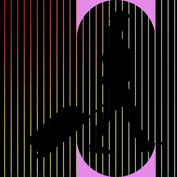 An abstract FRTHR campaign graphic: a silhouetted traveller and a bag seen through vertical rainbow gradient stripes on black, framed by a magenta oval.