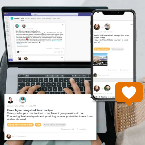 Image of a person typing on a macbook, on the macbook screen is an image of Cooleaf's Slack integration. There is also a phone on top of the image showcasing Cooleaf's Recognition platform on the mobile app.