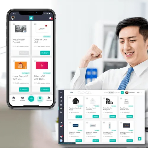 Image of a man with his fist up, smiling in a celebratory way. On this image there is also a mobile phone that show cases Cooleaf's Rewards from the mobile app. There is also a screenshot of Cooleaf's reward's catalog.