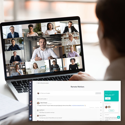Image has a background image and Cooleaf product screenshots overlaying image. Background image is a group 6+ people, some with laptops and some with papers working together. The product screenshots are of Cooleaf's Groups feature that can be used for new employees to find mentors or for other team members to socialize. Can also be used for ERG groups.