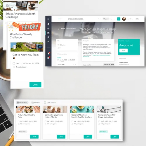 Image of a white desk with a laptop. On the image there are screenshots from Cooleaf's platform featuring their virtual team-building activities.