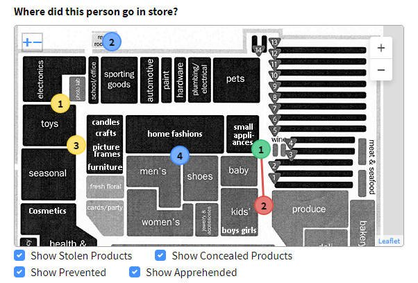 Single event store map showing where a suspect selected and concealed goods as well as where they were apprehended.