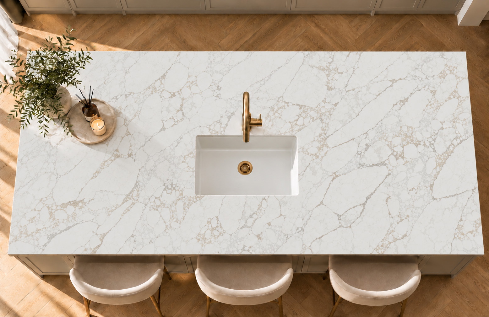 Tribeca Quartz features a beautiful white background enhanced by intricate, interwoven veins of warm gold, soft grey and delicate champagne tones. Its distinctive marble-inspired pattern creates exceptional depth and character, combining striking detail with refined sophistication. A luxurious choice for kitchen worktops, statement islands and splashbacks, bringing warmth, elegance and a truly premium finish to any interior.