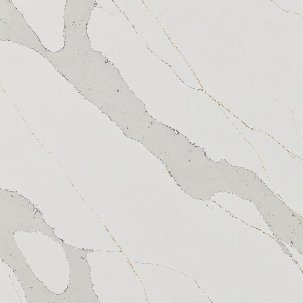 This beautiful quartz features a white background with grey veins and hues of gold is arguably one of our most popular quartz. 