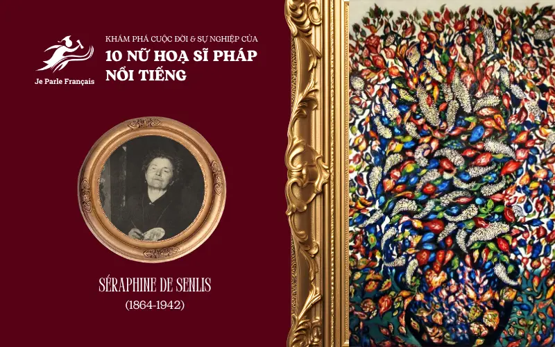 Ảnh chân dung của Séraphine de Senlis và một tác phẩm nổi tiếng của bà: Grand Bouquet au vase noir et fond bleu (1929).