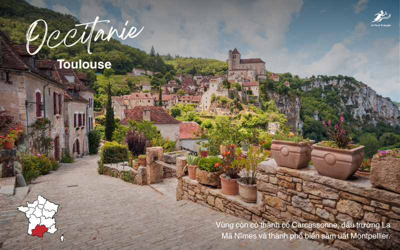 Vùng Occitanie với các thành phố lớn như Toulouse, Montpelier