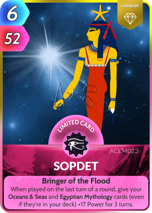 Originally depicted as a cow with a plant-like emblem between her horns, Sopdet was the personification of the star Sirius as an Egyptian goddess.