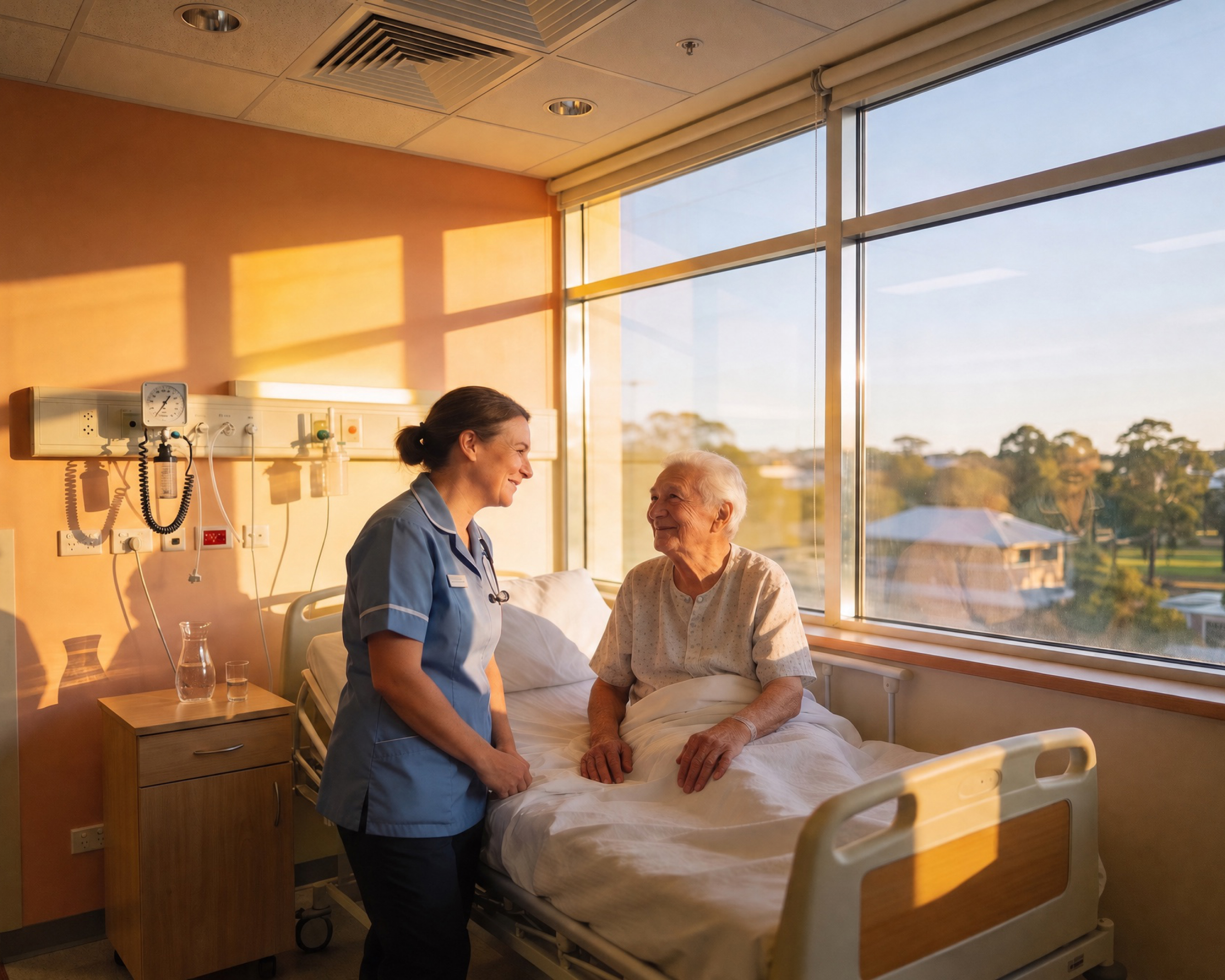 A nurse talking with an elderly patient in a sunlit hospital room