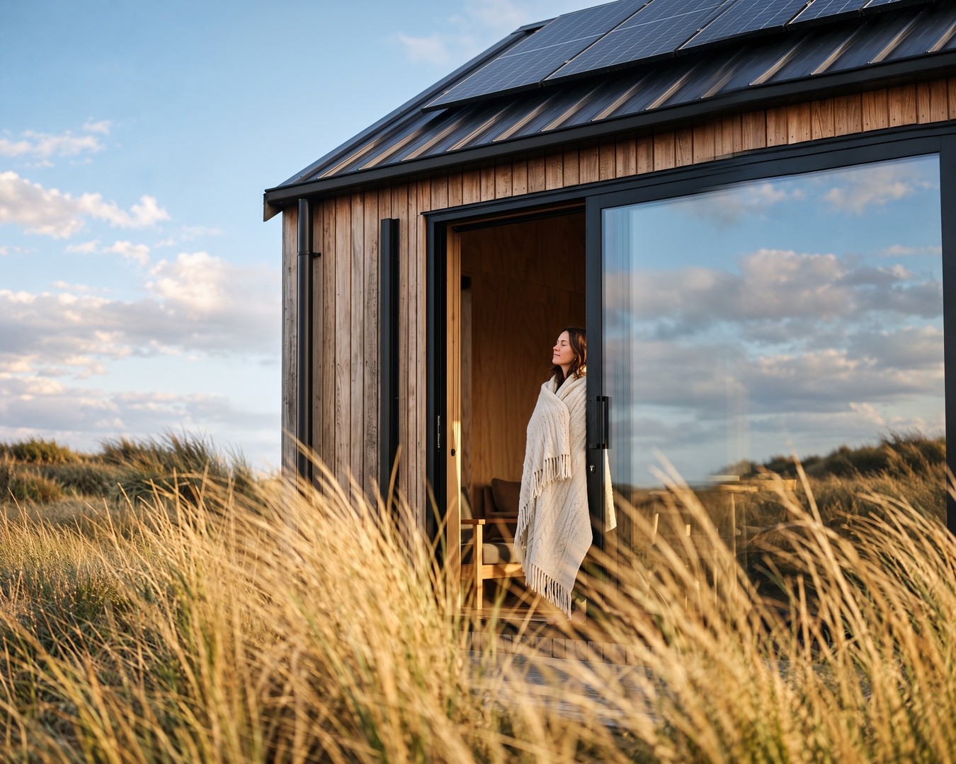 A woman wrapped in a blanket standing in the doorway of a timber cabin among coastal grasses
