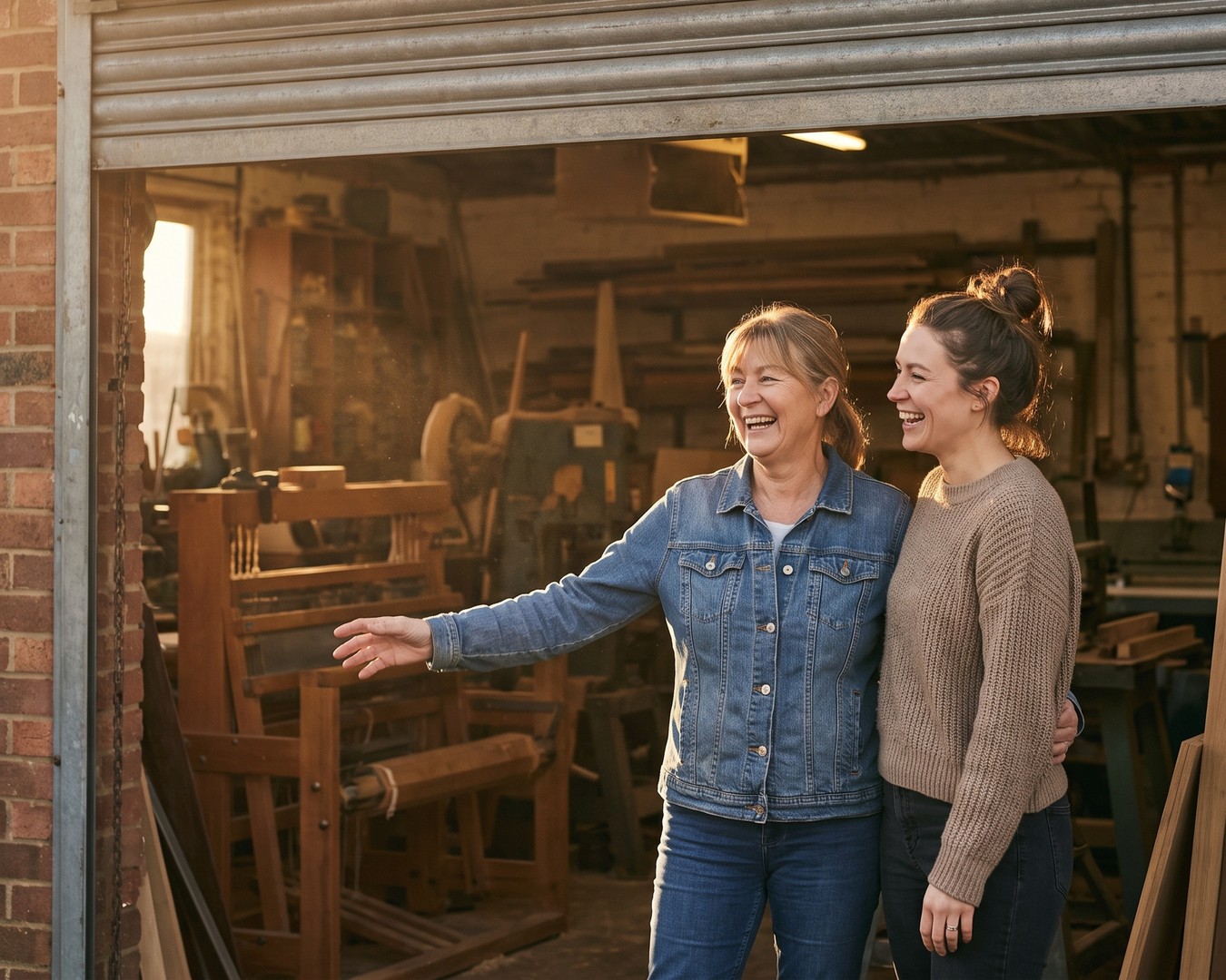 Two women laughing together at the open roller door of a timber workshop