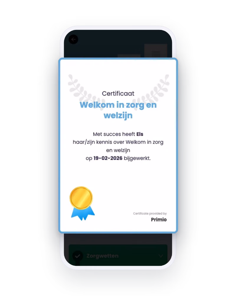 Certificaat in de app als bewijs dat de medewerker een training heeft afgerond