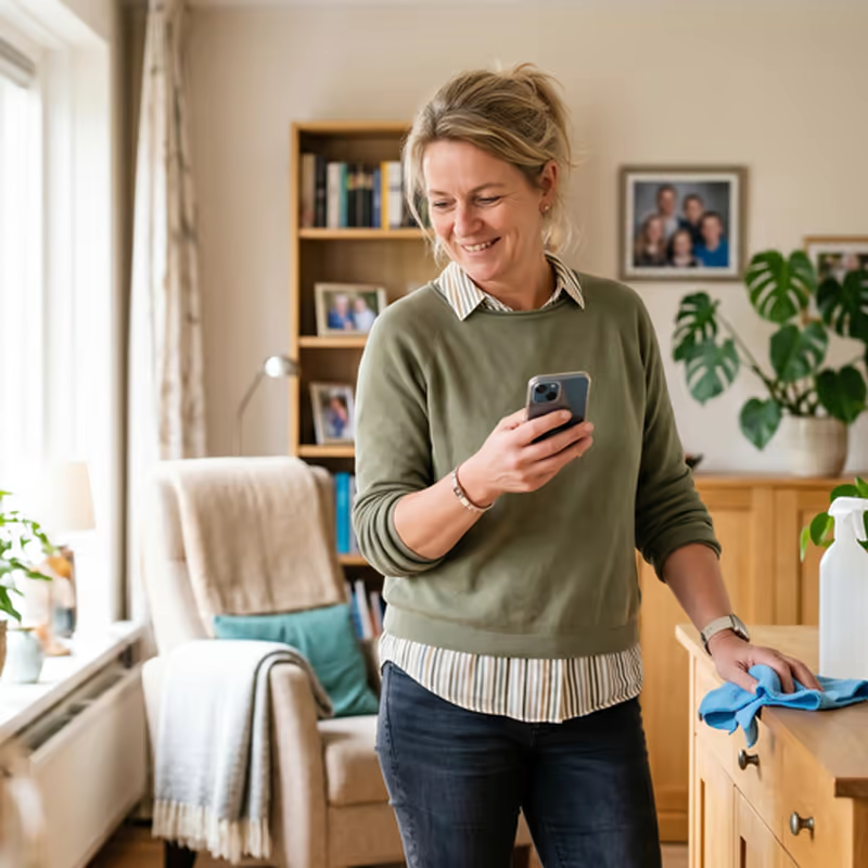 Huishoudelijke hulp kijkt tijdens het werk iets na in de app op haar telefoon