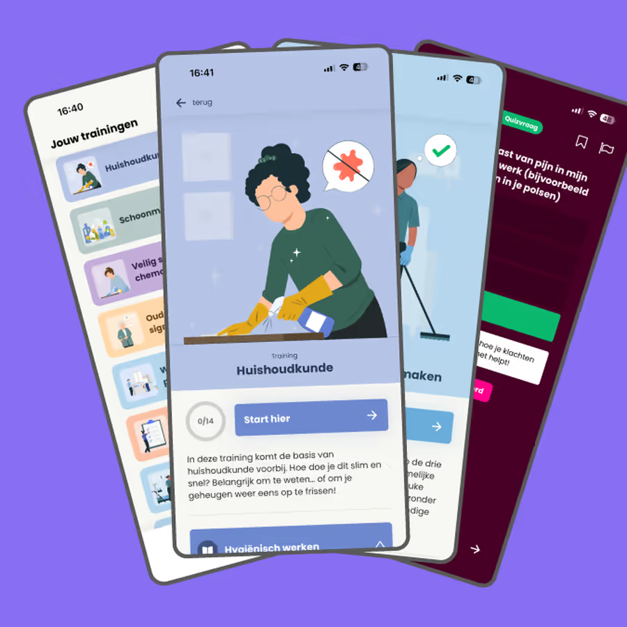 Verschillende trainingsschermen van de Primio-app op de telefoon