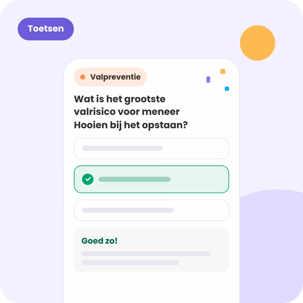 Oefenvraag uit de training Valpreventie in de app, met directe uitleg bij het goede antwoord