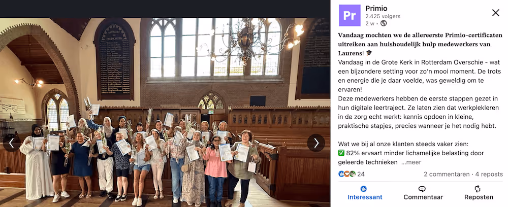 Trotse certificaten voor medewerkers huishoudelijke hulp van Laurens
