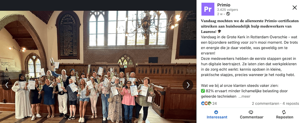 Trotse certificaten voor medewerkers huishoudelijke hulp van Laurens