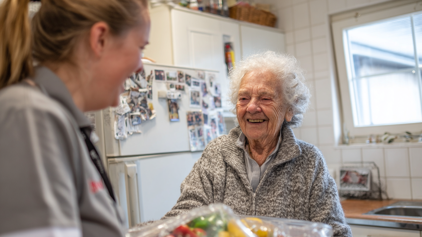 Elderly woman smiling with caregiver in kitchen setting.