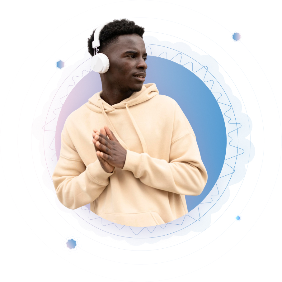 Man in white is listening to music in headphones