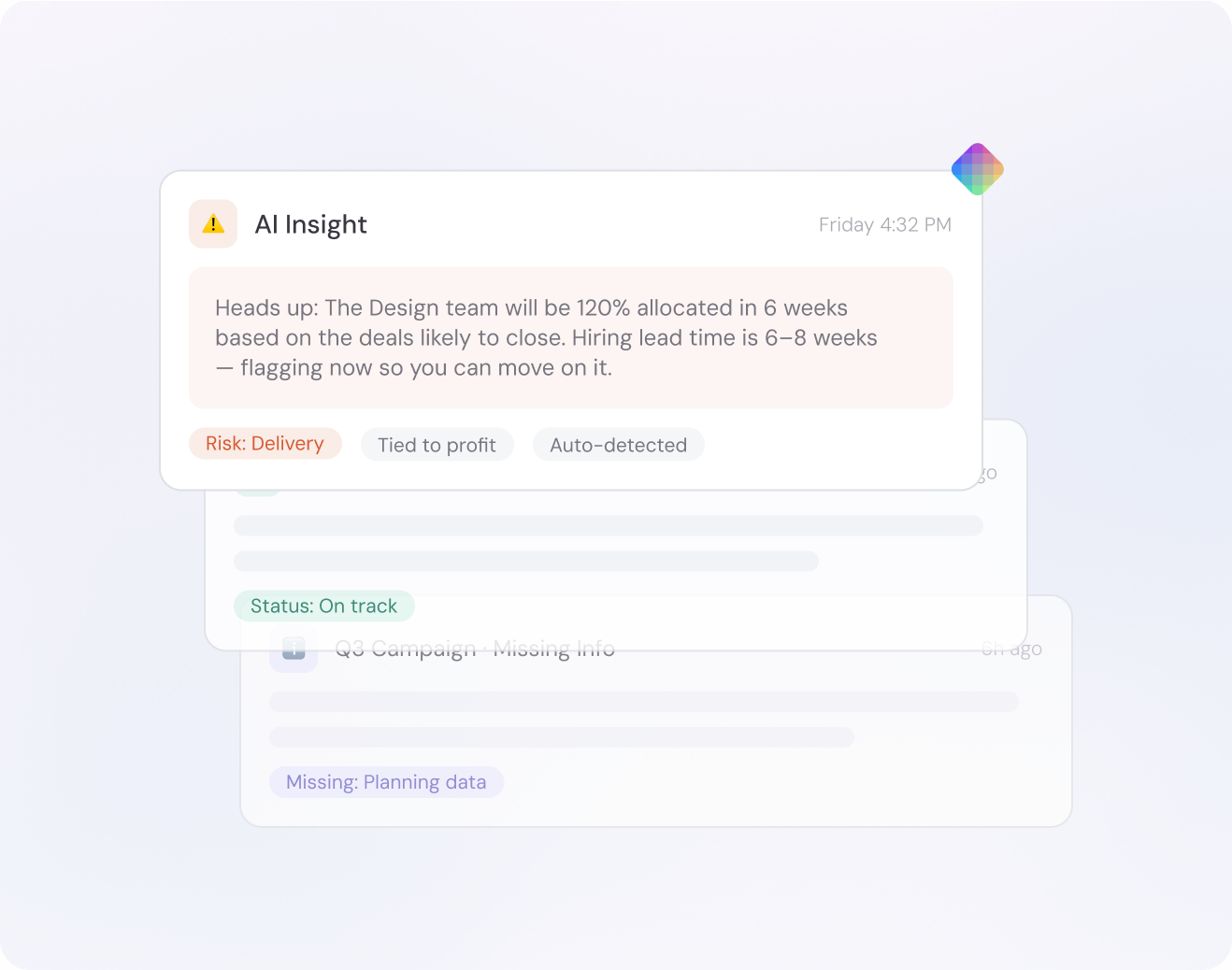 Mosaic AI insight cards flagging project risk