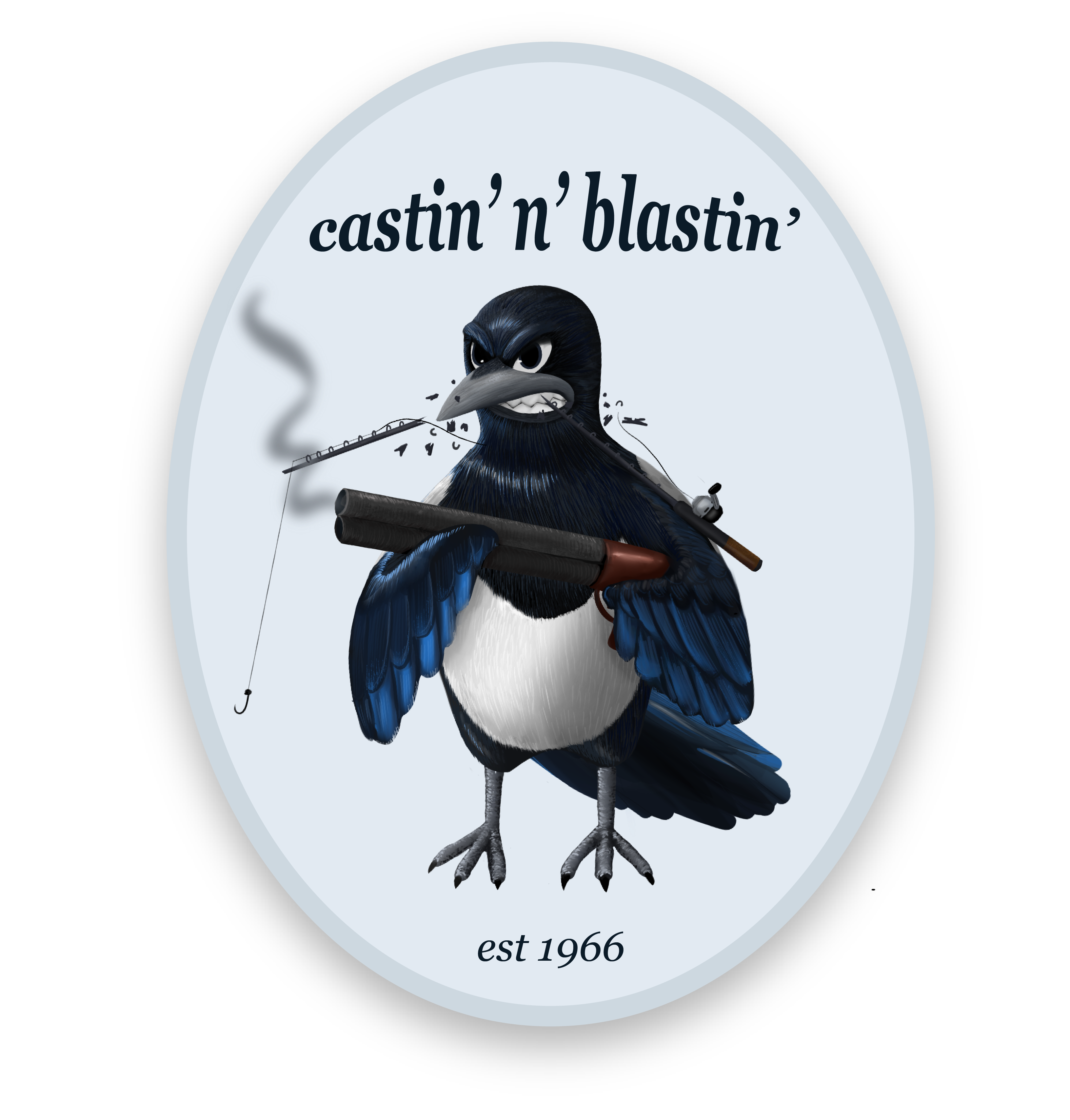 Illustration of a bird holding a shotgun, captioned "Castin N' Blastin"