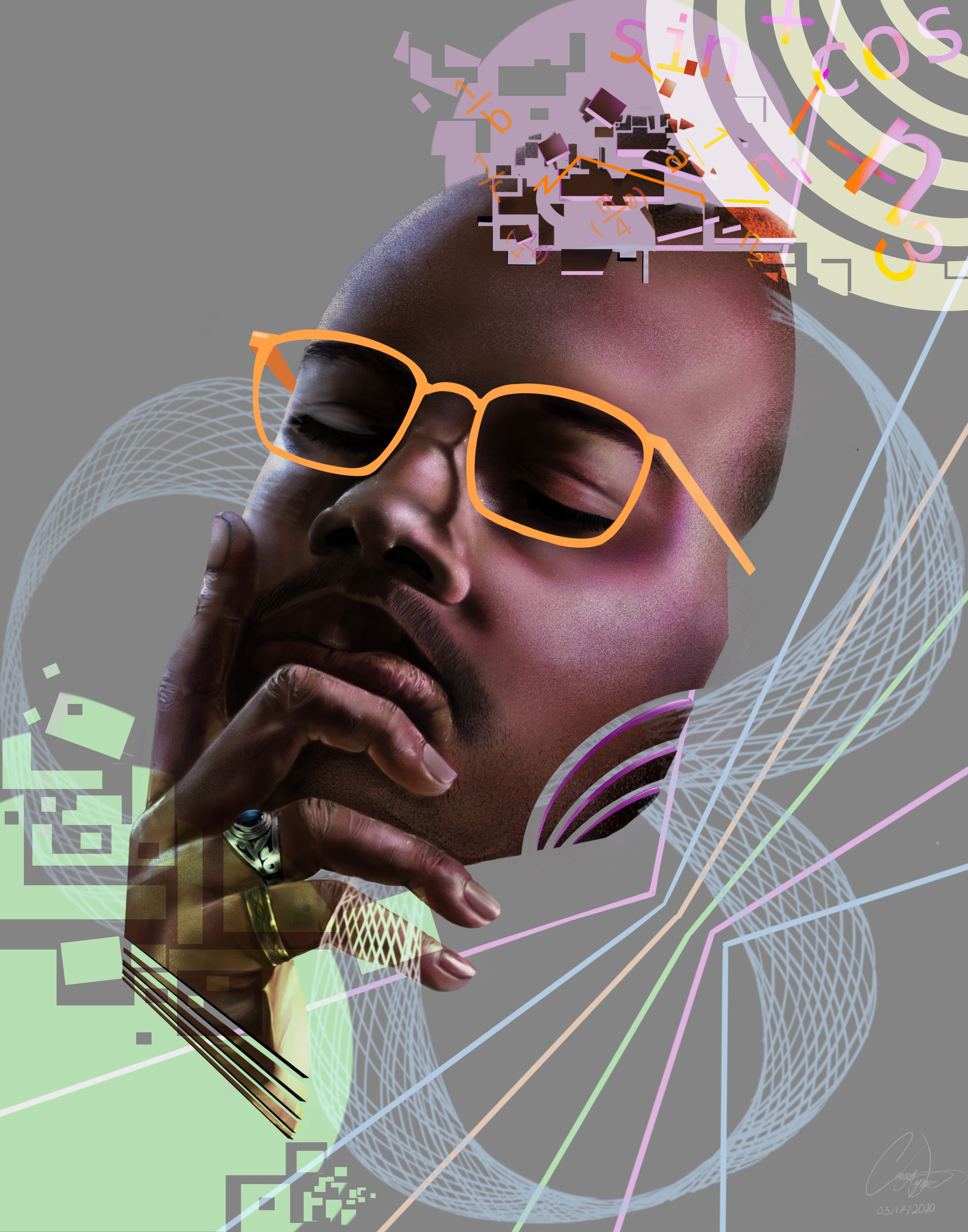 Digital abstract portrait of a young black man wearing yellow glasses, with one hand in front of his face. Only his face and hand are shown, the rest of the portrait becomes lines and shapes. 