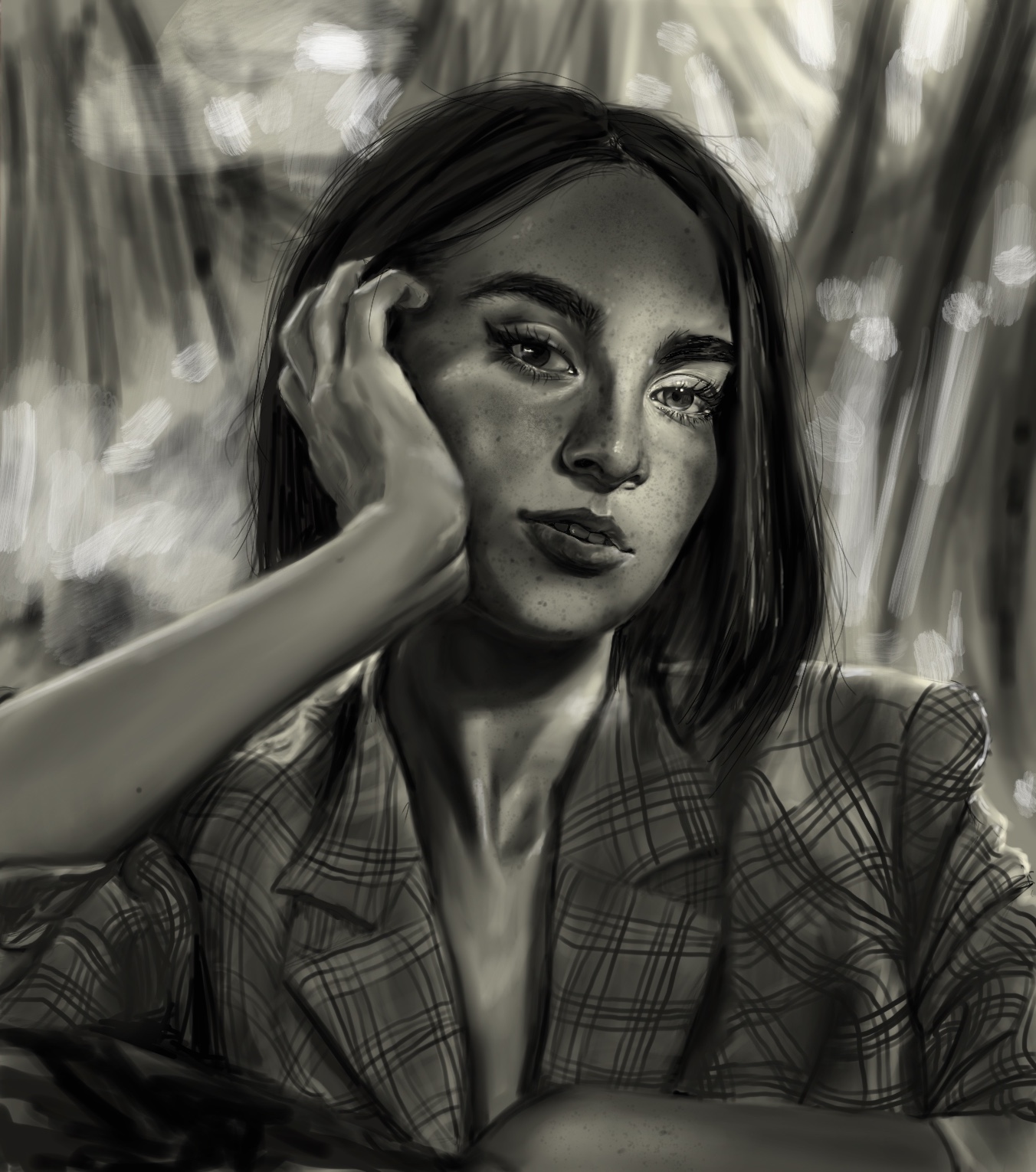 Black and white portrait of a young woman with shoulder length dark hair. She is posed with one arm holding her head up. She is wearing a plaid suit jacket. 