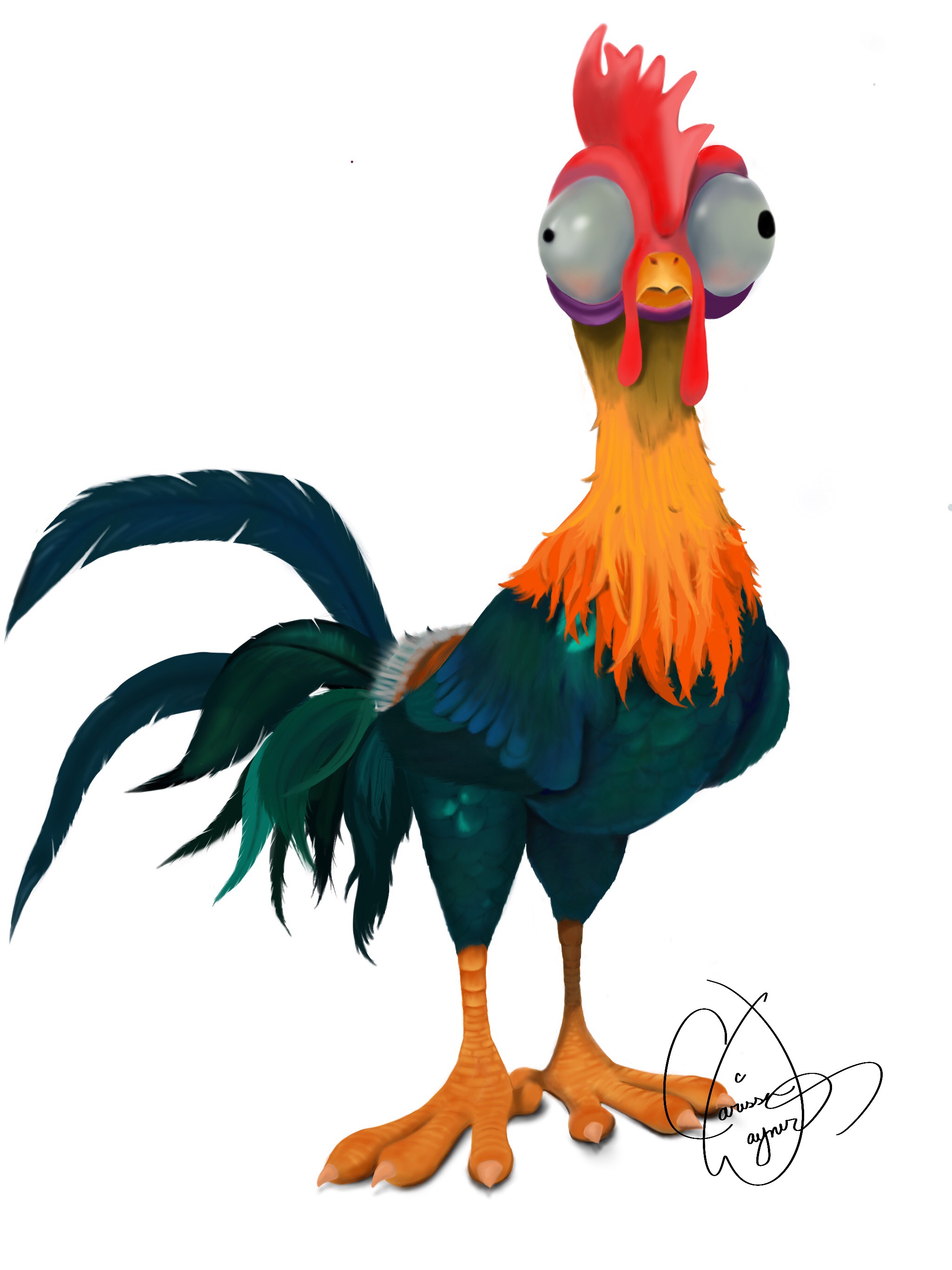 Digital painting of Hei Hei the chicken from Moana, with a white background