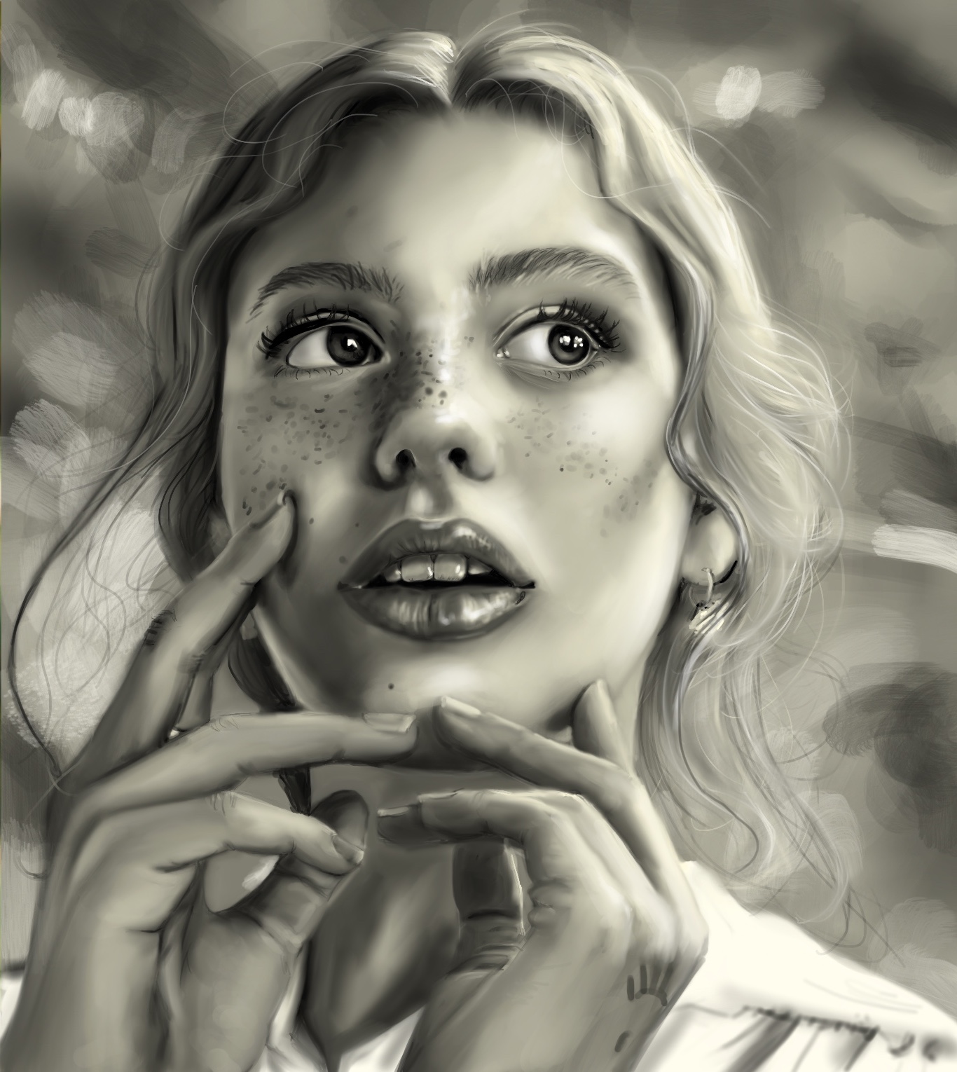 Black and white digital portrait of a young woman. Her hands are placed in front of her face, she has long light coloured hair in a ponytail. 