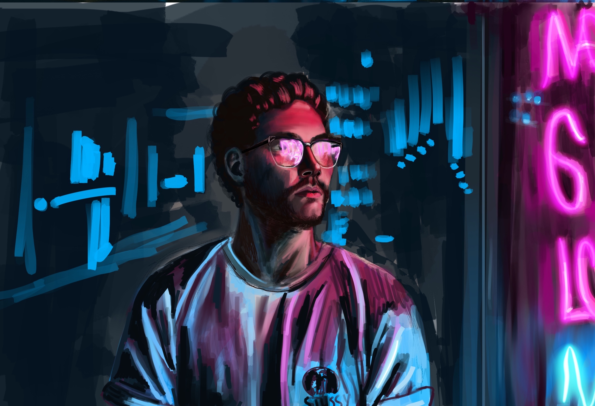 Portrait drawing of a young man  standing in the street next to a neon store sign 