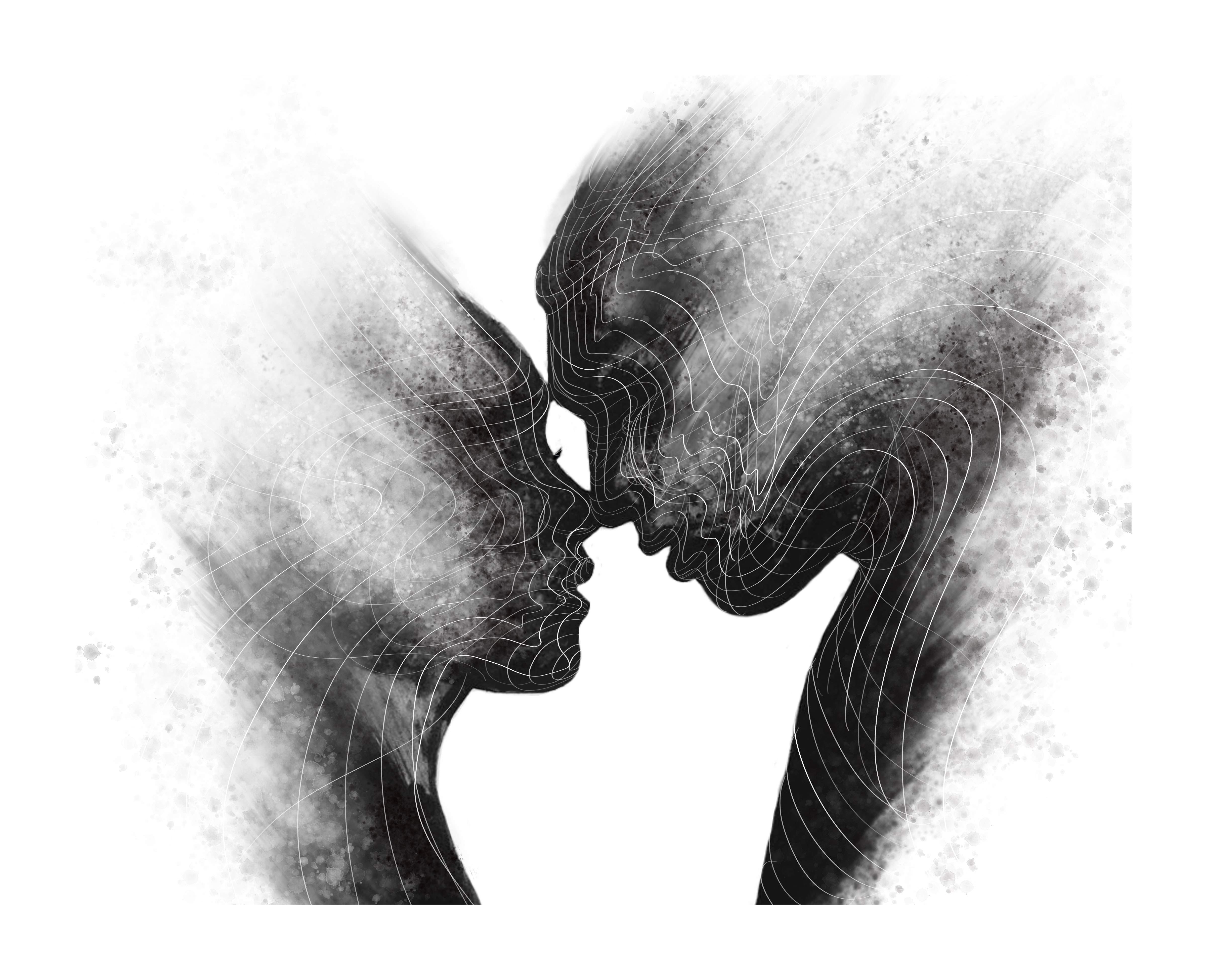 black and white watercolour and pencil portrait of two silhouettes heads that are nose to nose. 