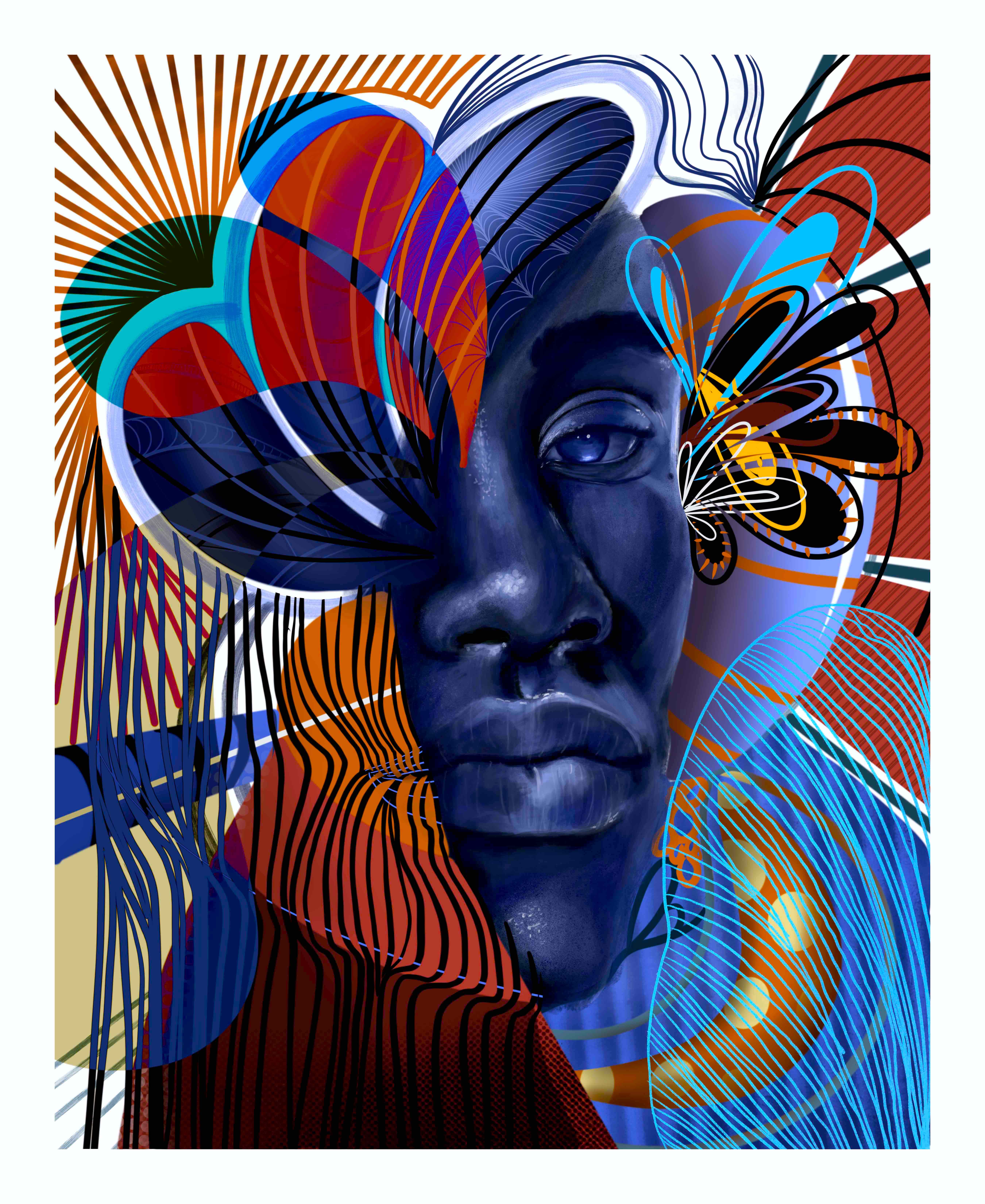 An abstract painting of a young black man, half of his face is blue and the other half is morphed into abstract lines and shapes. 