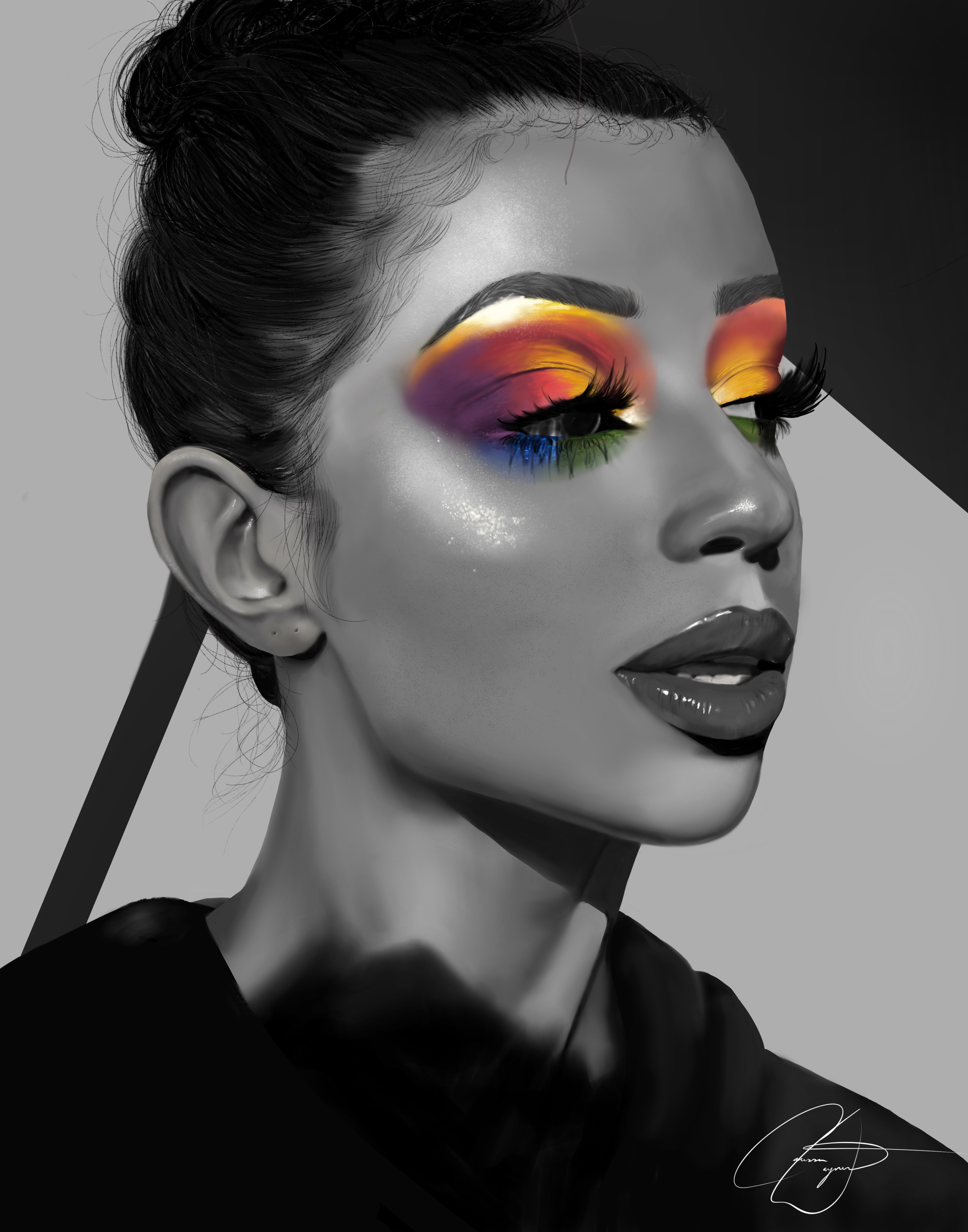Portrait of Liza Koshy. The majority of the portrait is in black and white, except for her rainbow eye makeup, which is in colour. 