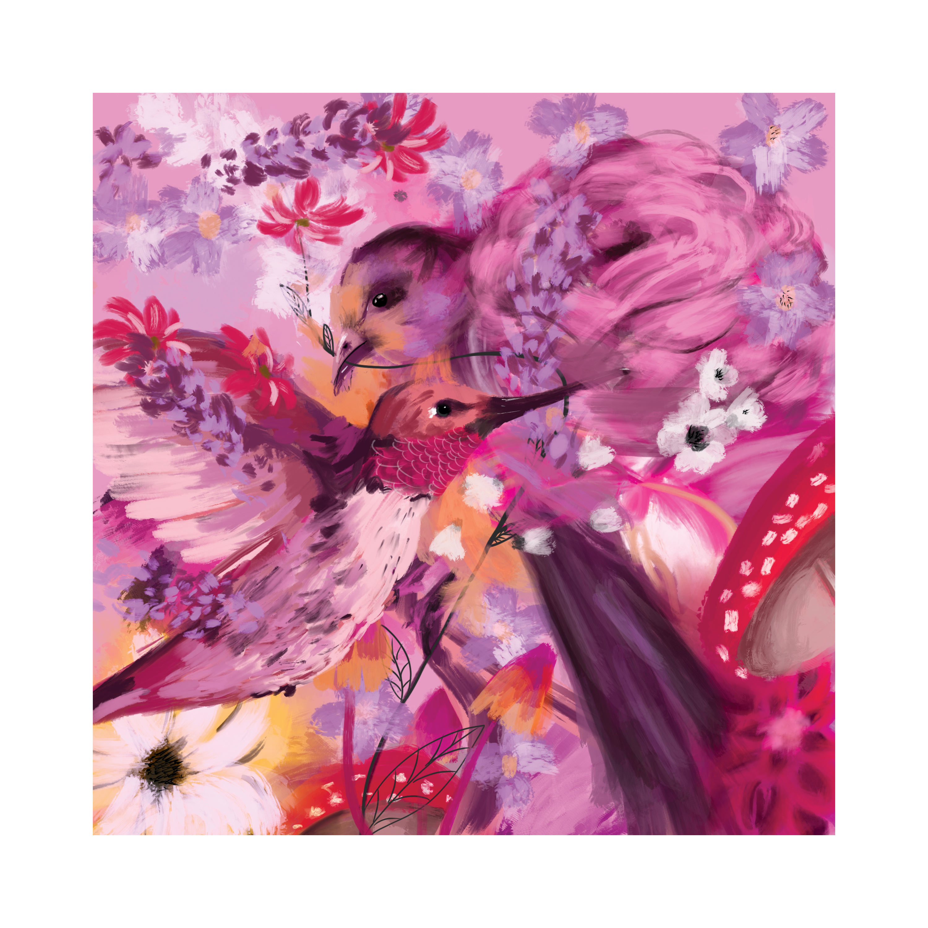 Abstracted painting of two small pink birds in front of a background of pink flowers and mushrooms. 