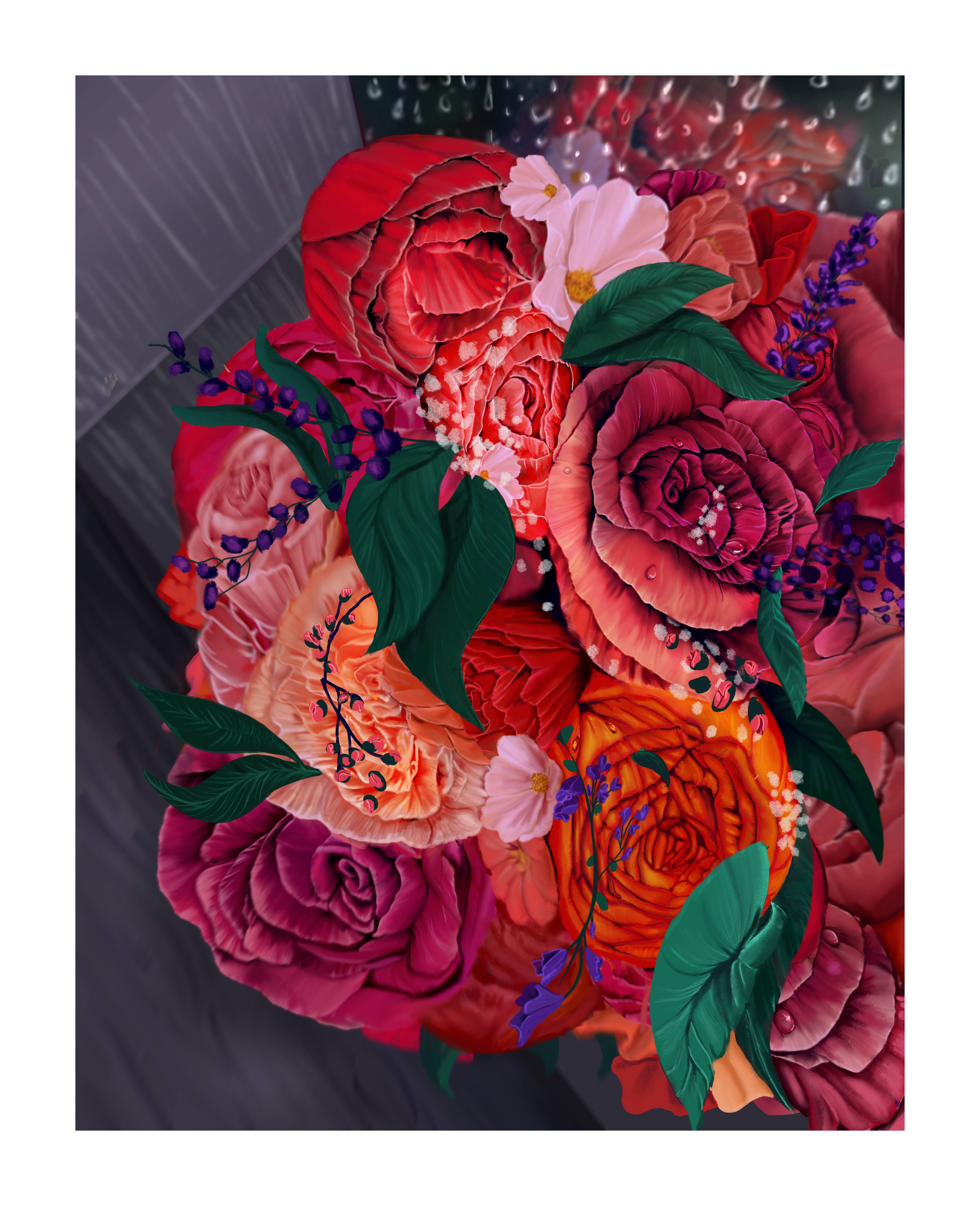 Digital painting of a pink, coral and orange floral boquet viewed from above.