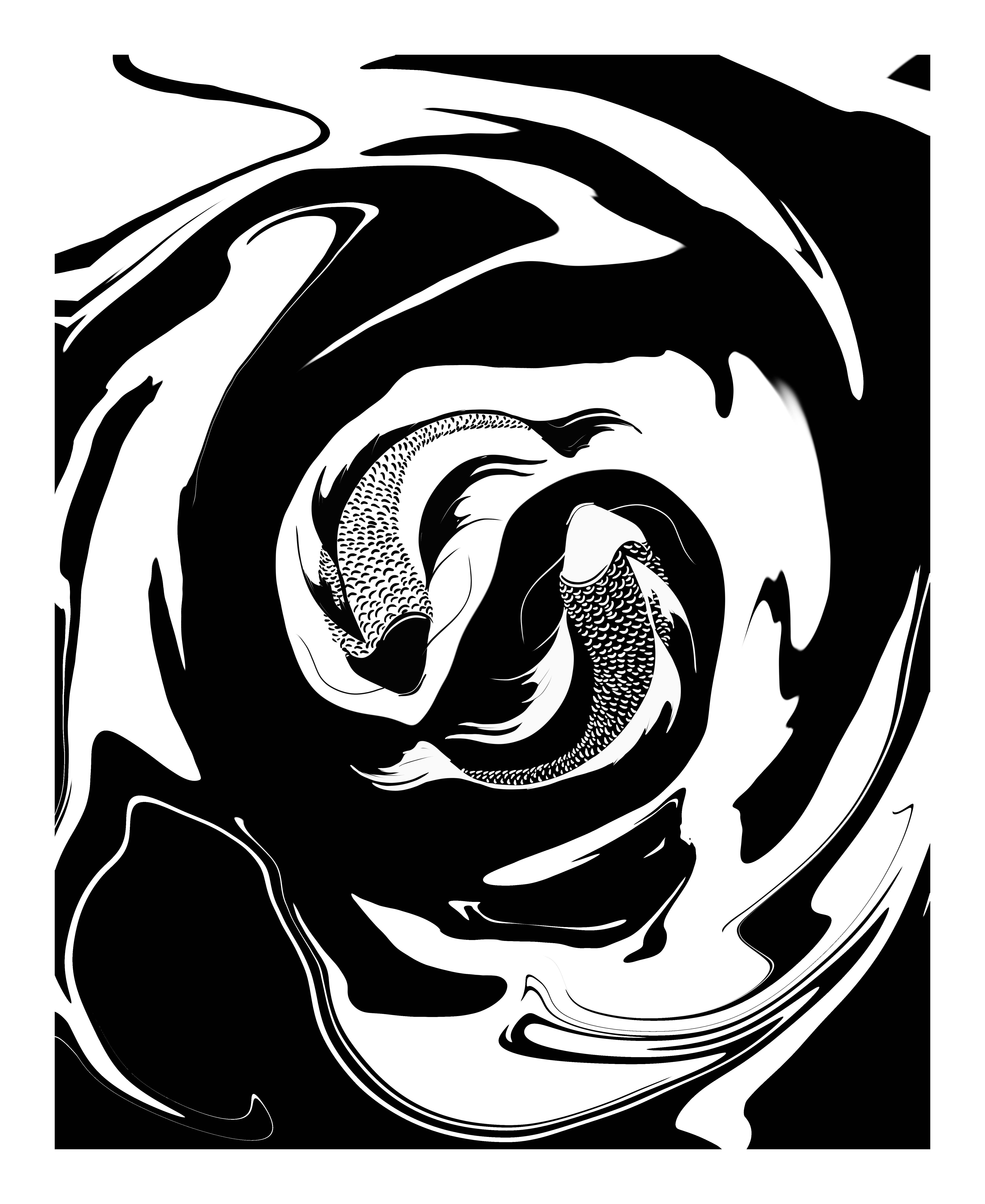 Black and white painting of two koi fish swimming in a circle, reminiscent of a ying and yang symbol. 