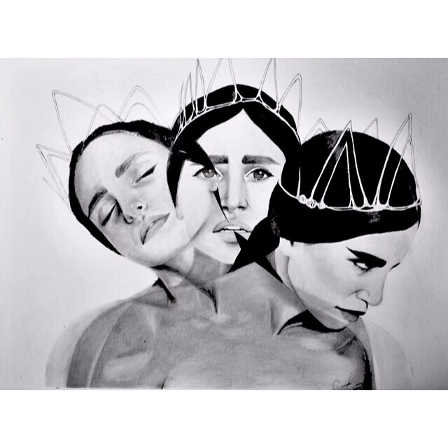 Three pencil portraits of a woman wearing a crown, morphed into one. 