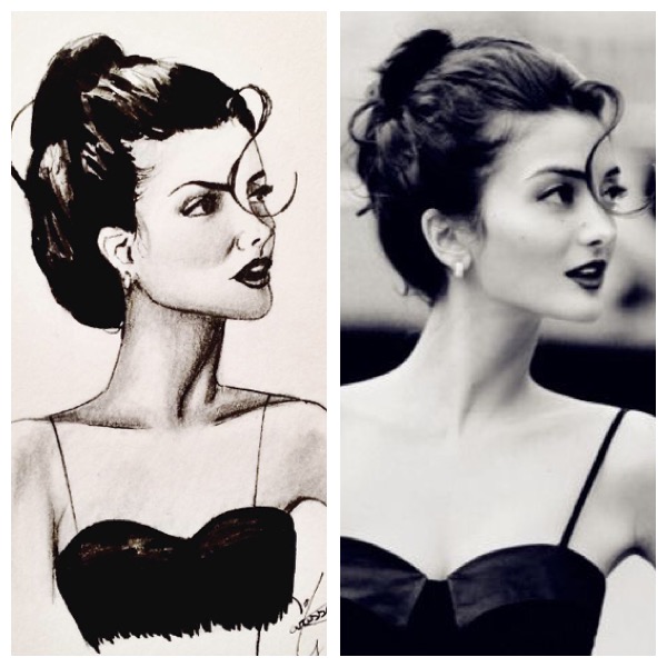 black and white ink sketch of a young woman with her hair in a bun, next to the reference photo