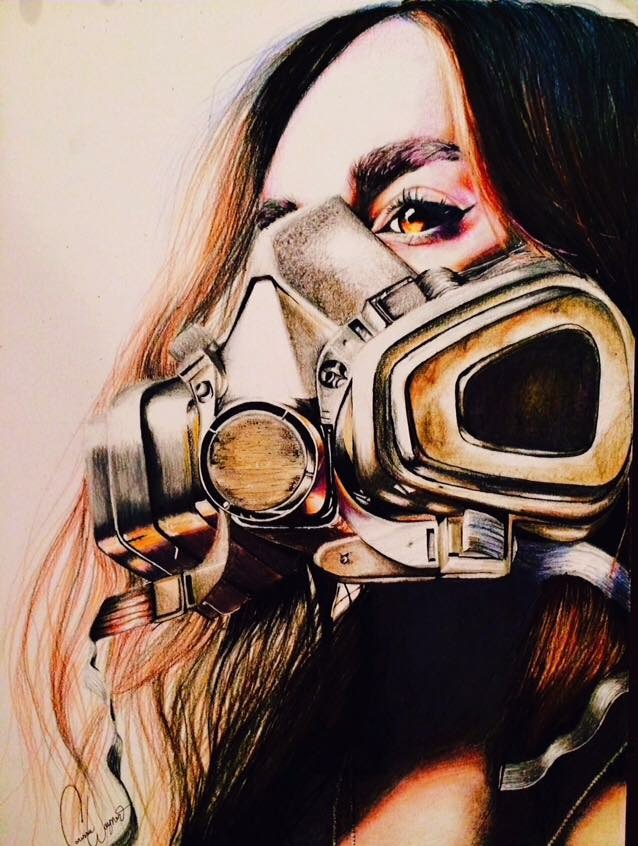 coloured pencil portrait of a woman wearing a gold gas mask 