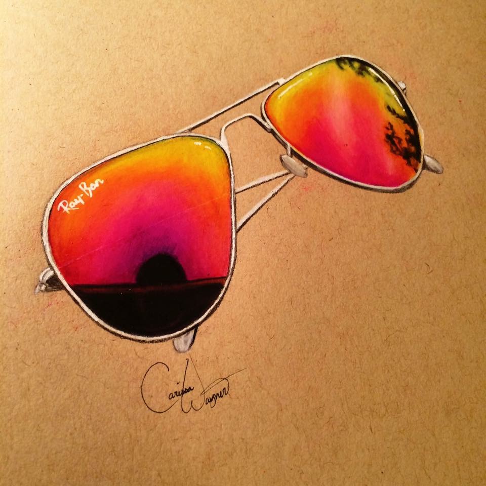 Coloured pencil drawing of Rayban sunglasses on brown paper