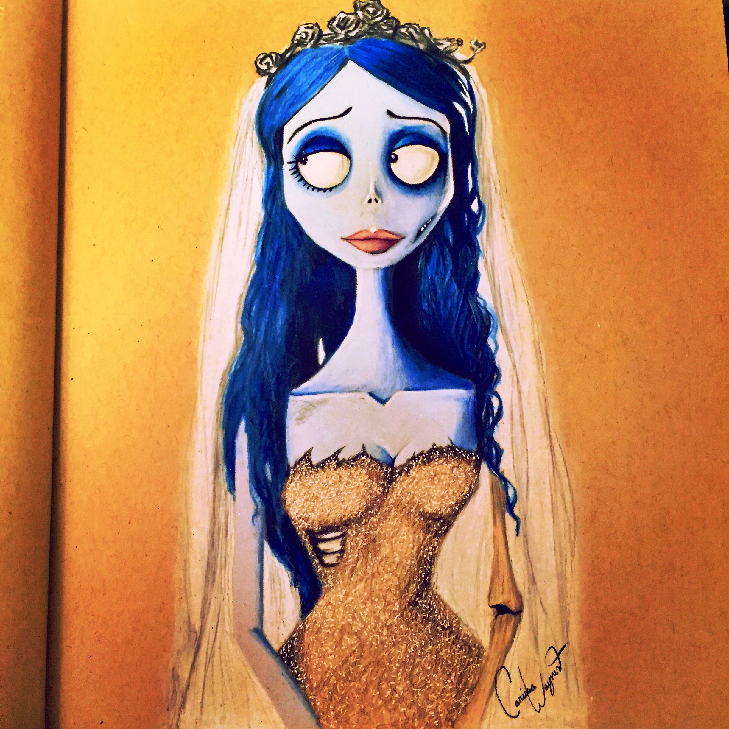Colored pencil portrait of Tim Burton's corpse bride on brown paper
