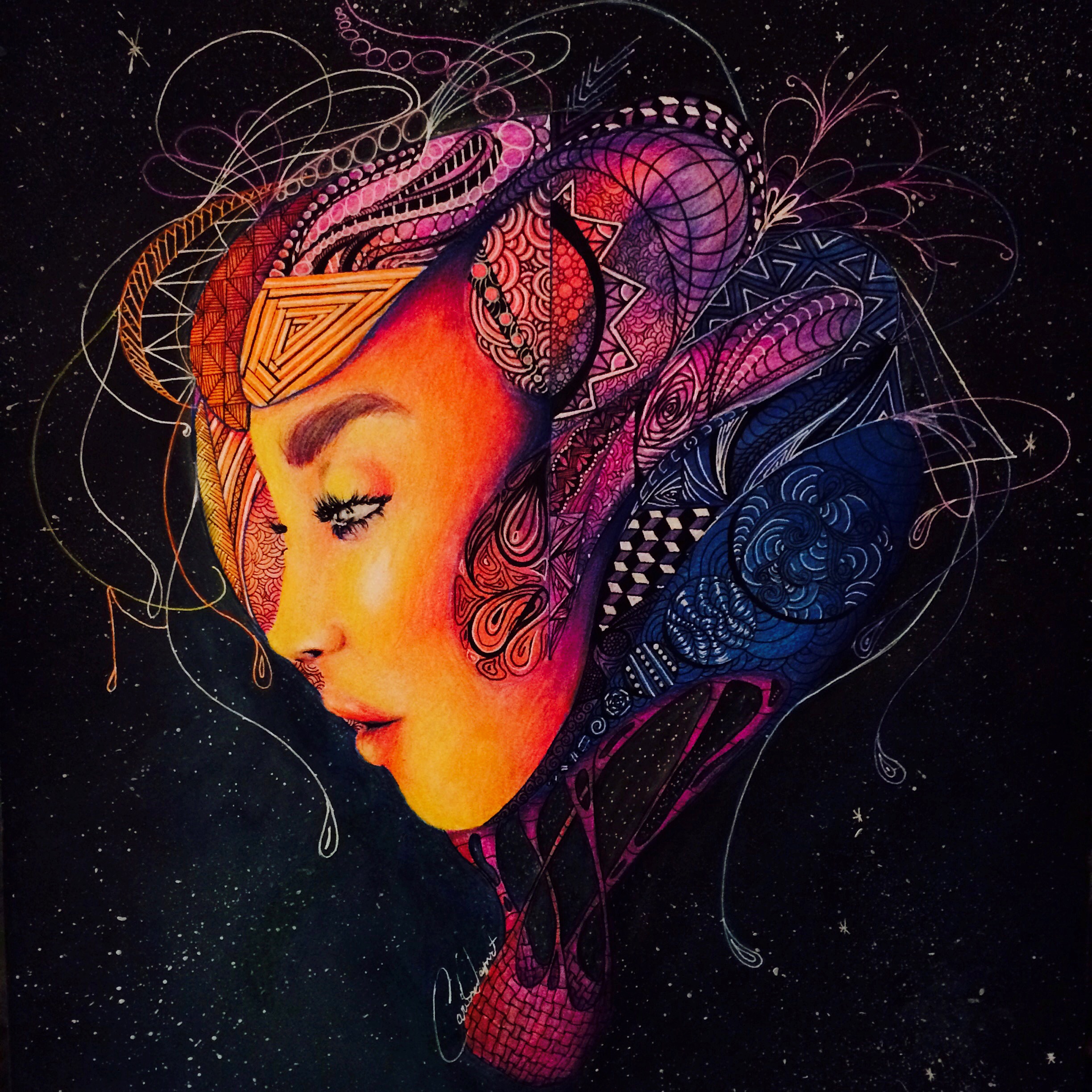mixed media painting of a hot air balloon with the face of a woman