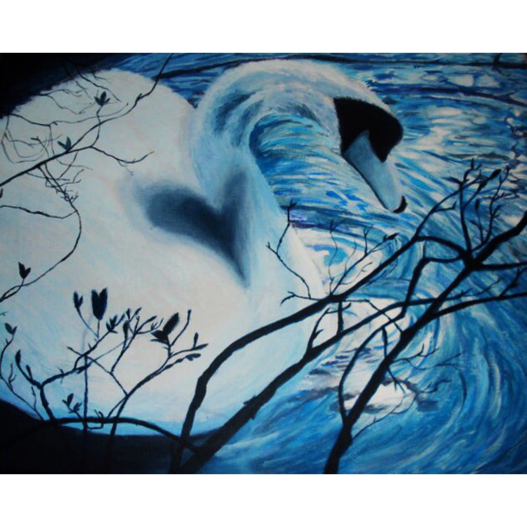 Blue acrylic painting of a swan in water