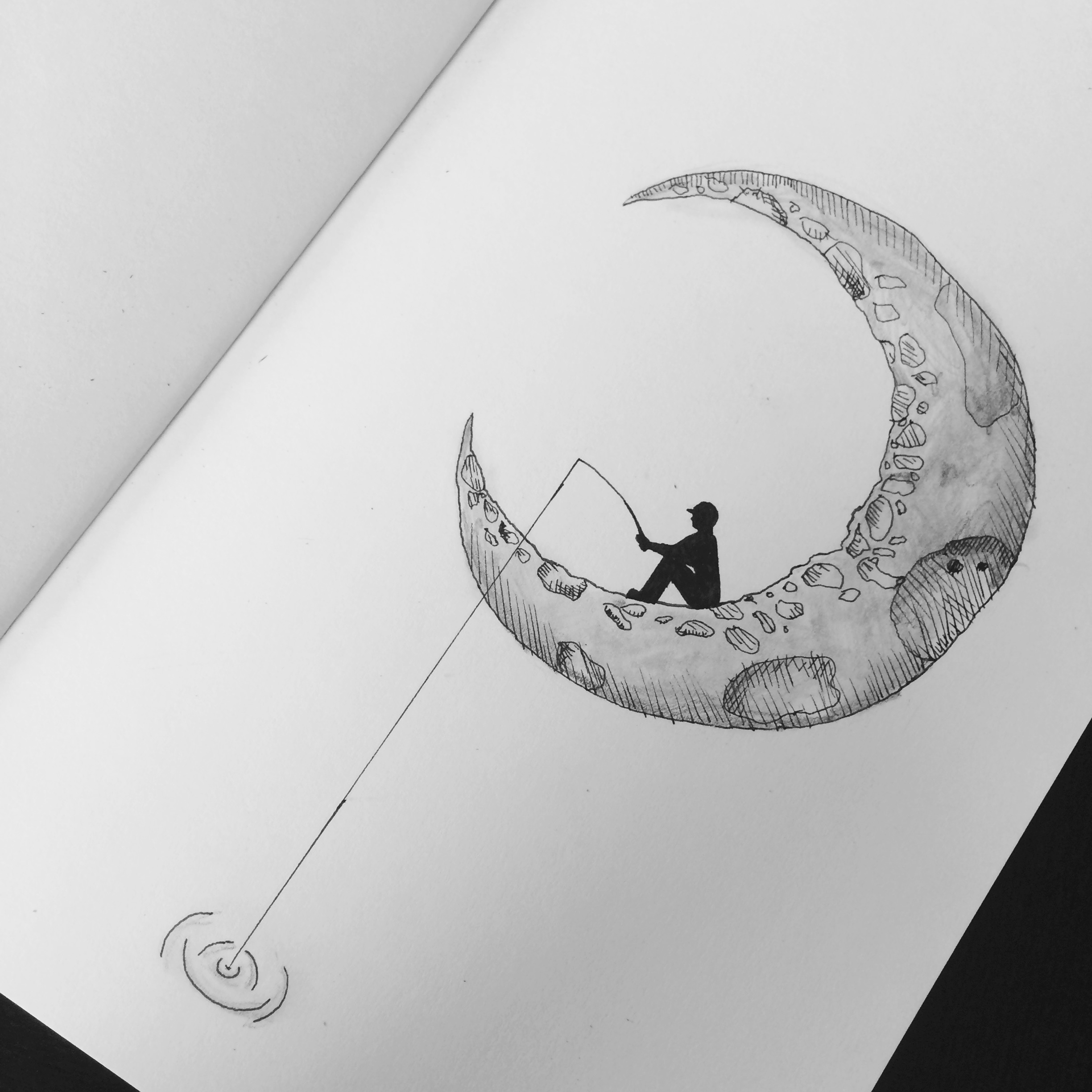 pencil drawing of a man on the moon with a fishing rod