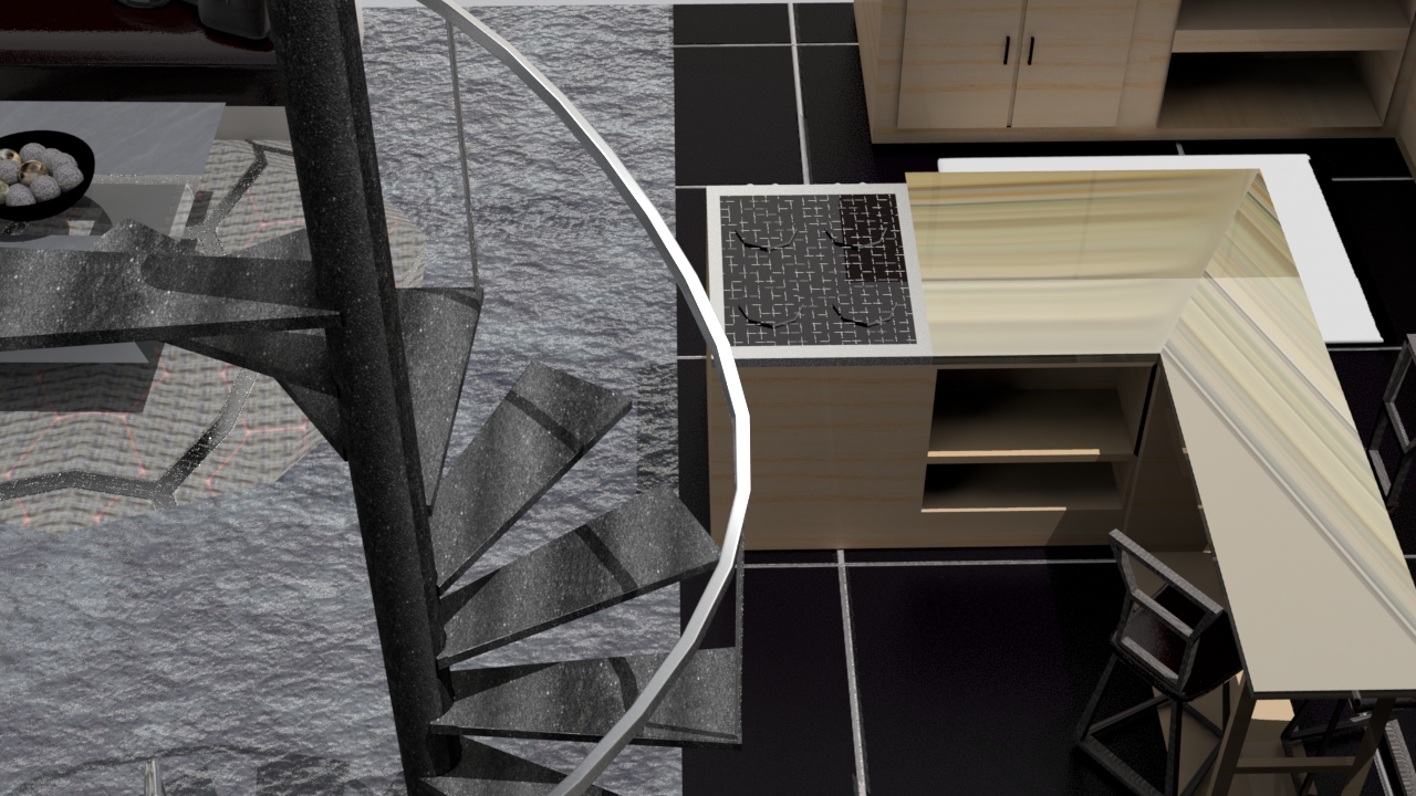 3D layout made in Modo featuring a spiral staircase and kitchen island 